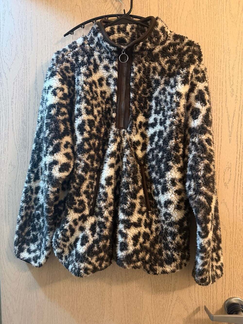 LeModa Leopard Print Sherpa Pullover Quarter Zip Jacket